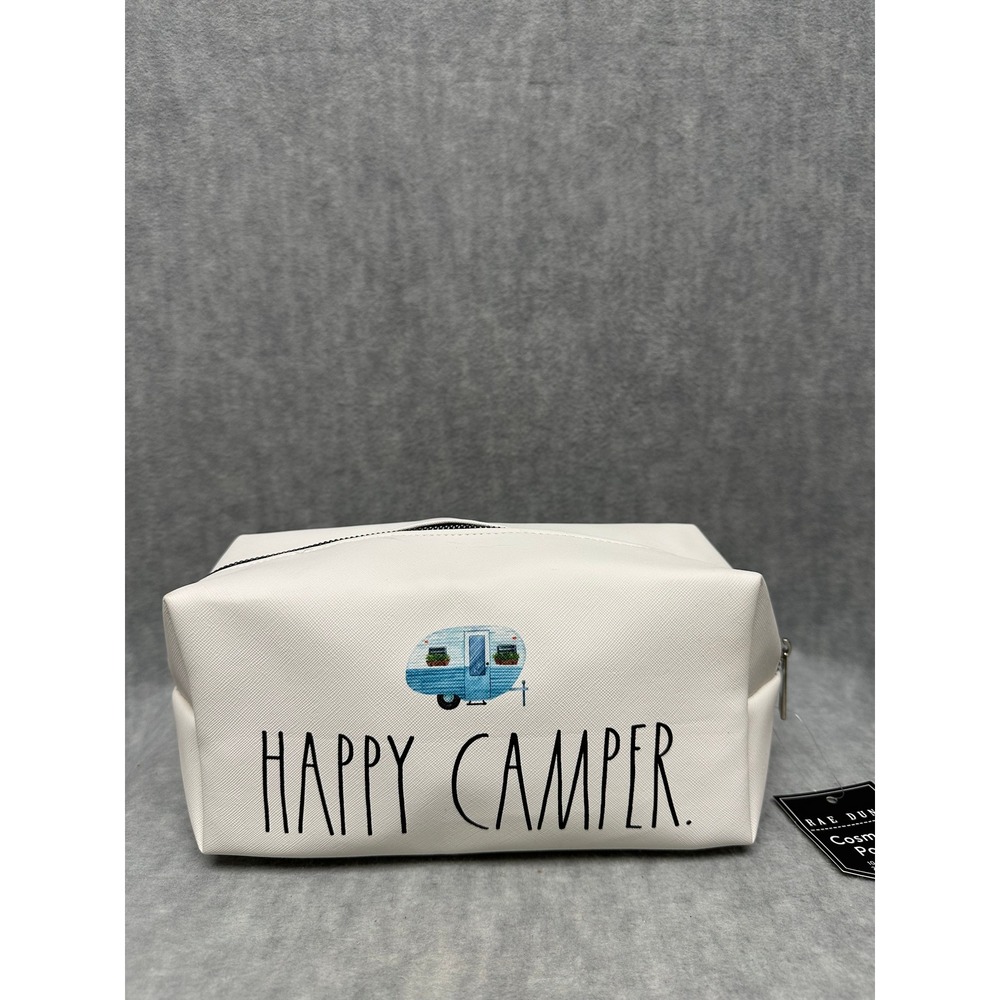 Rae Dunn Happy Camper Cosmetic Pouch Bag White RV Travel Organizer Zippered